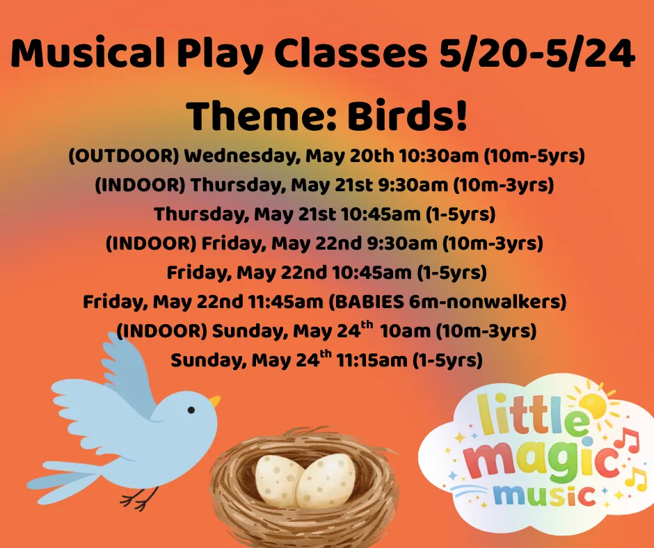 FRI  9:30am INDOOR Musical Play Class(Ages 10m-3yrs) Theme: Birds!