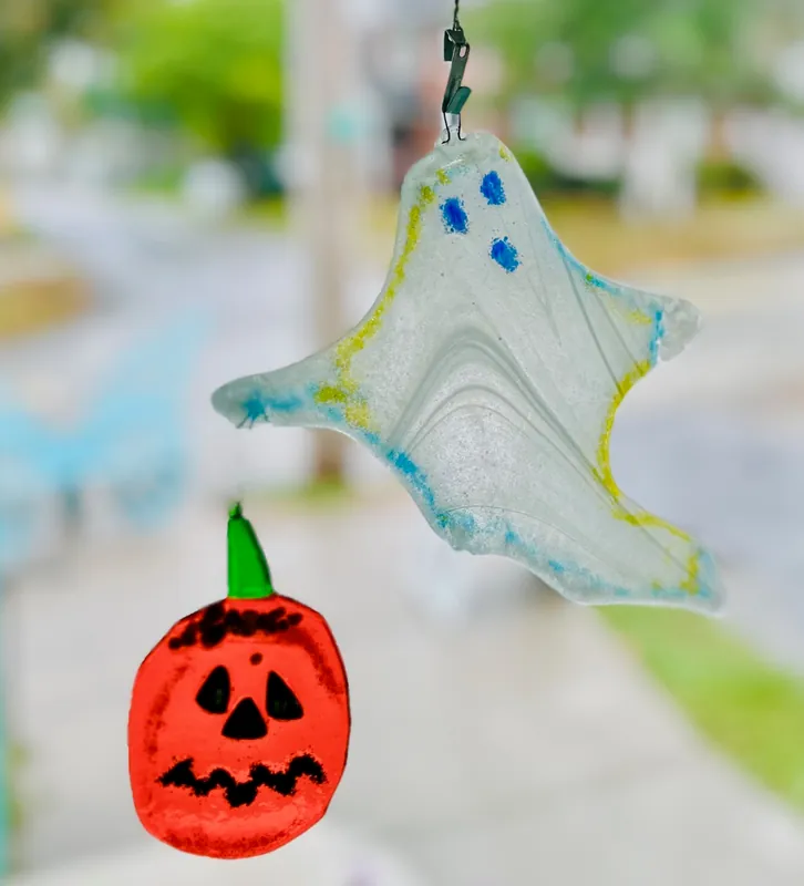 Fused Glass Ghost & Pumpkin Sun Catcher