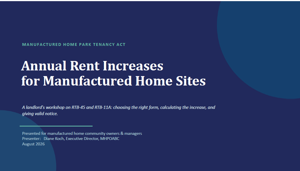 ZOOM Webinar - Annual Rent Increases for MH Sites