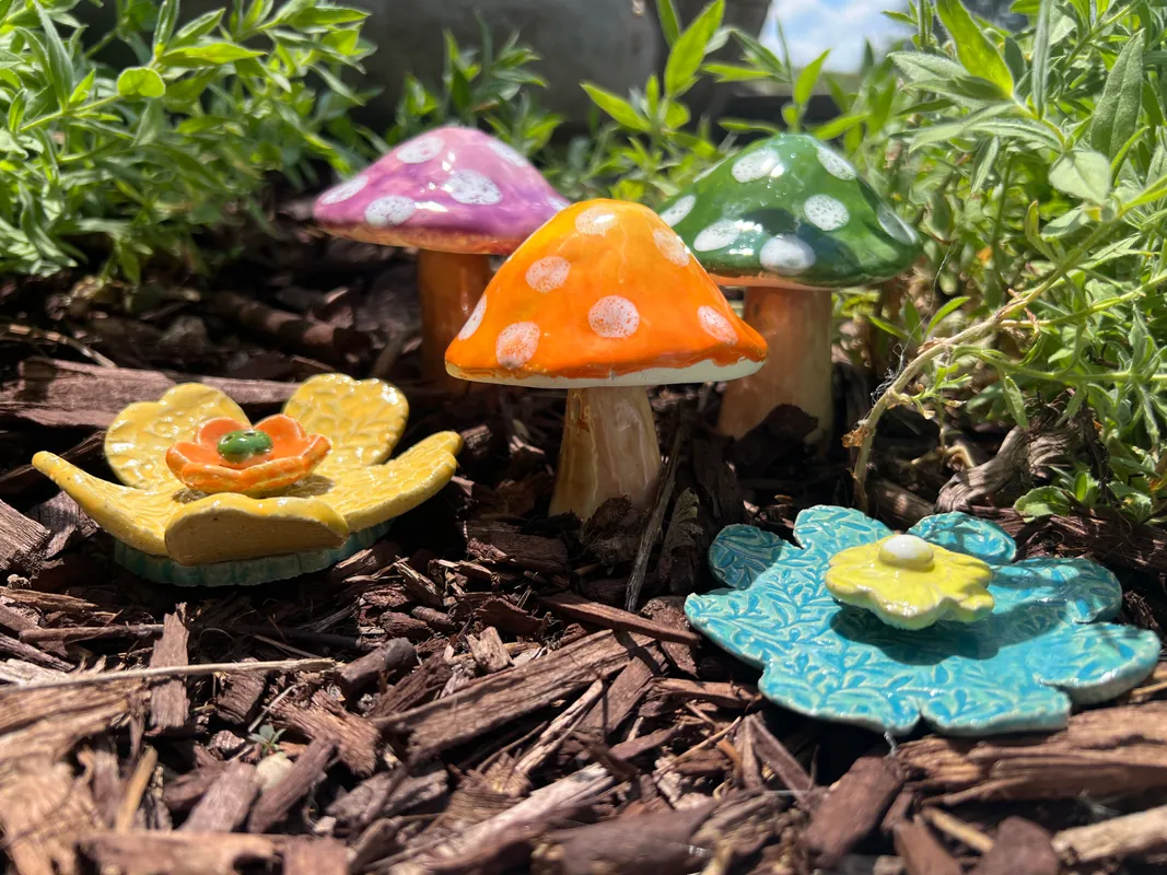 Set of 3 Clay Flower OR Mushroom Garden Stakes!