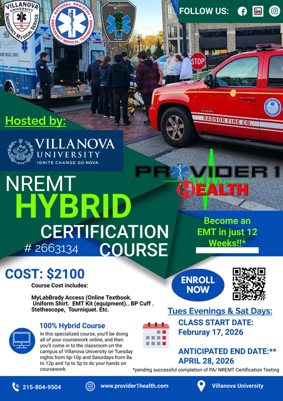 Sept. 2026 (Fall) Villanova Univ. Campus - Hybrid NREMT Initial Certification Program