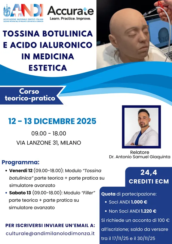 CORSO PRATICO PER MEDICI E ODONTOIATRI TOSSINA BOTULINICA E FILLER IN MEDICINA ESTETICA DEL VOLTO: APPRENDIMENTO IMMERSIVO E PREVENZIONE DELLE COMPLICANZE