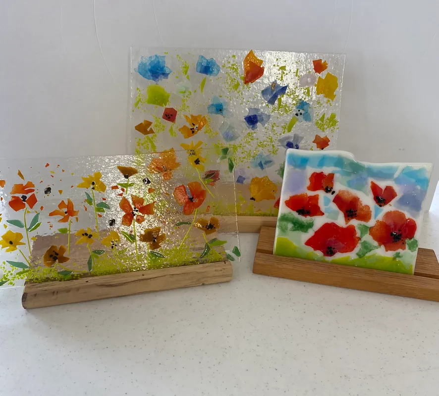 Fused Glass Floral Panel with Glass Powder Wafers - The Garden Club Group