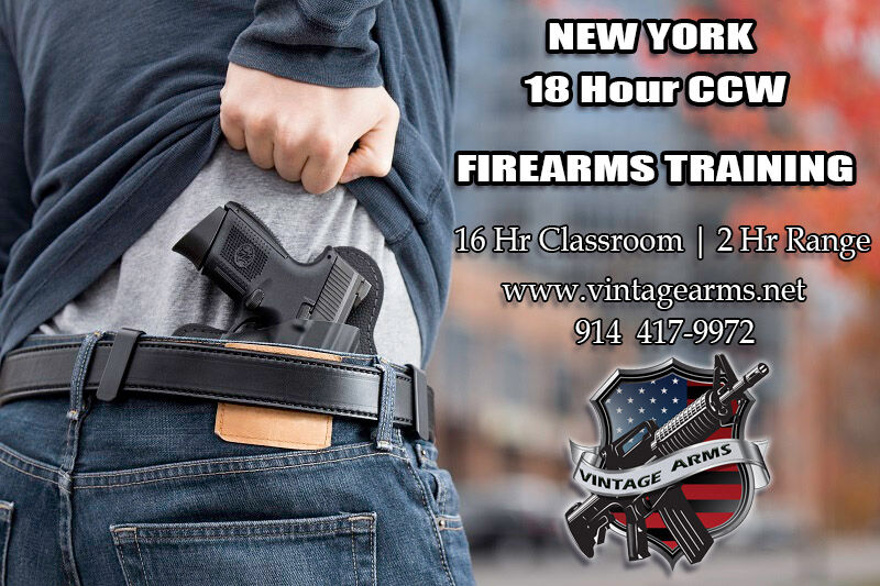 All-Inclusive NYS 18-Hour Concealed Carry Course — includes classroom training, live-fire qualification, range fee, ammunition, certificate, and the opportunity to try multiple handgun platforms (Class covers NYC)