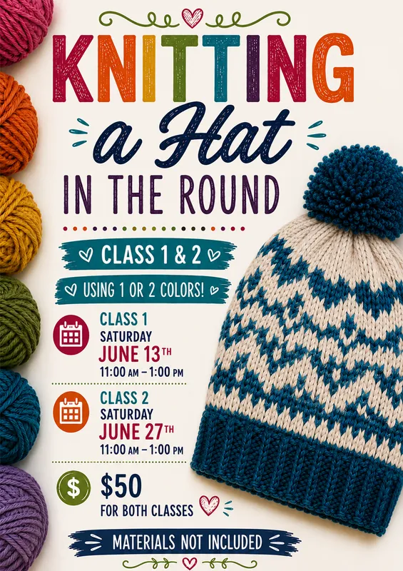 Hat in the Round: Class 1 June 13, Class 2 June 27