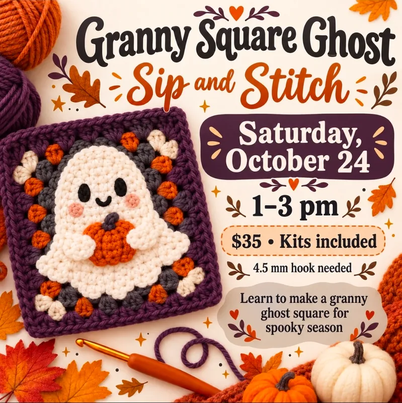 Crochet Ghost granny square sip and stitch