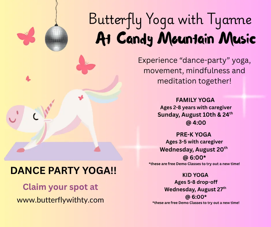 FREE KID YOGA 5-8 yrs at Candy Mountain Music--DANCE PARTY YOGA