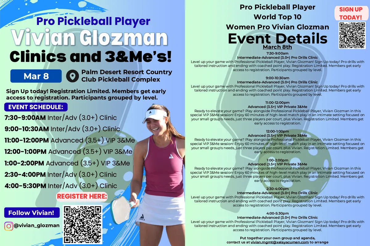 Palm Desert Resort Country Club - Advanced (3.5+) VIP Private 3&Me with World Top 10 Women Pro, Vivian Glozman