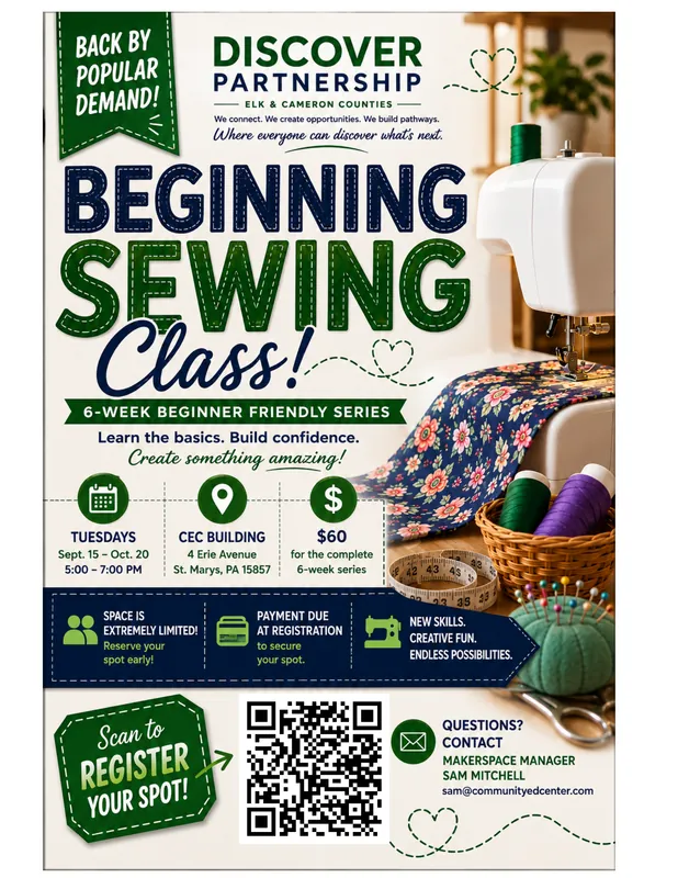 BEGINNING SEWING CLASS 9/15/26 - 10/20/26