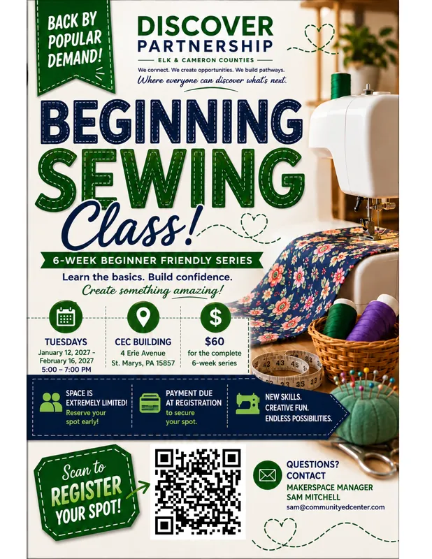 BEGINNING SEWING CLASS 1/12/26 - 2/16/26