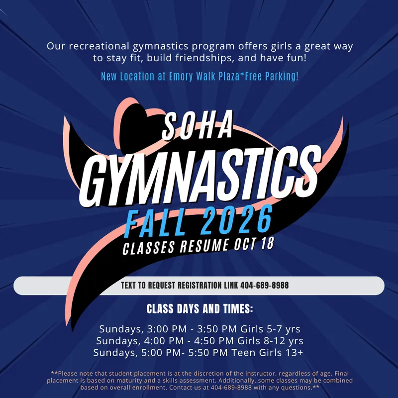 Soha Gymnastics Fall 2026 Session: Sundays, Oct 18, 2026 to Dec 13, 2026